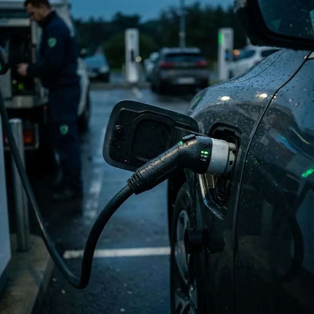 Close-up of an EV charge port with a connector plugged in