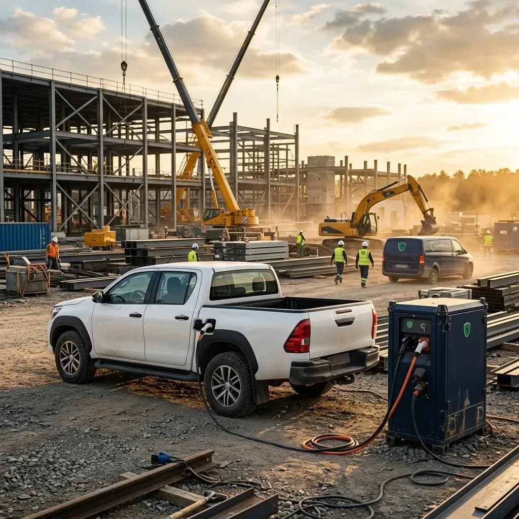 Electric work truck charging on a construction site
