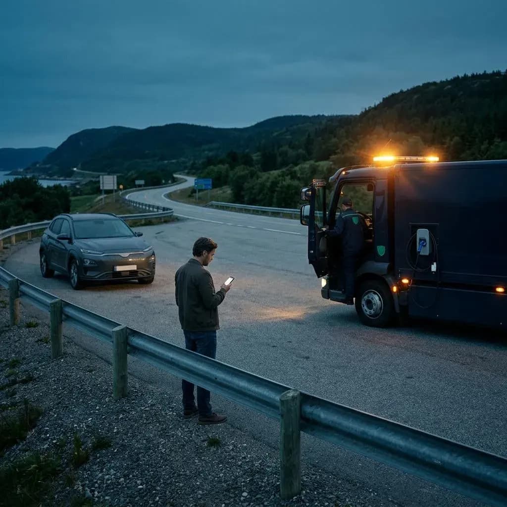 Driver beside an electric SUV on a roadside after running out of charge