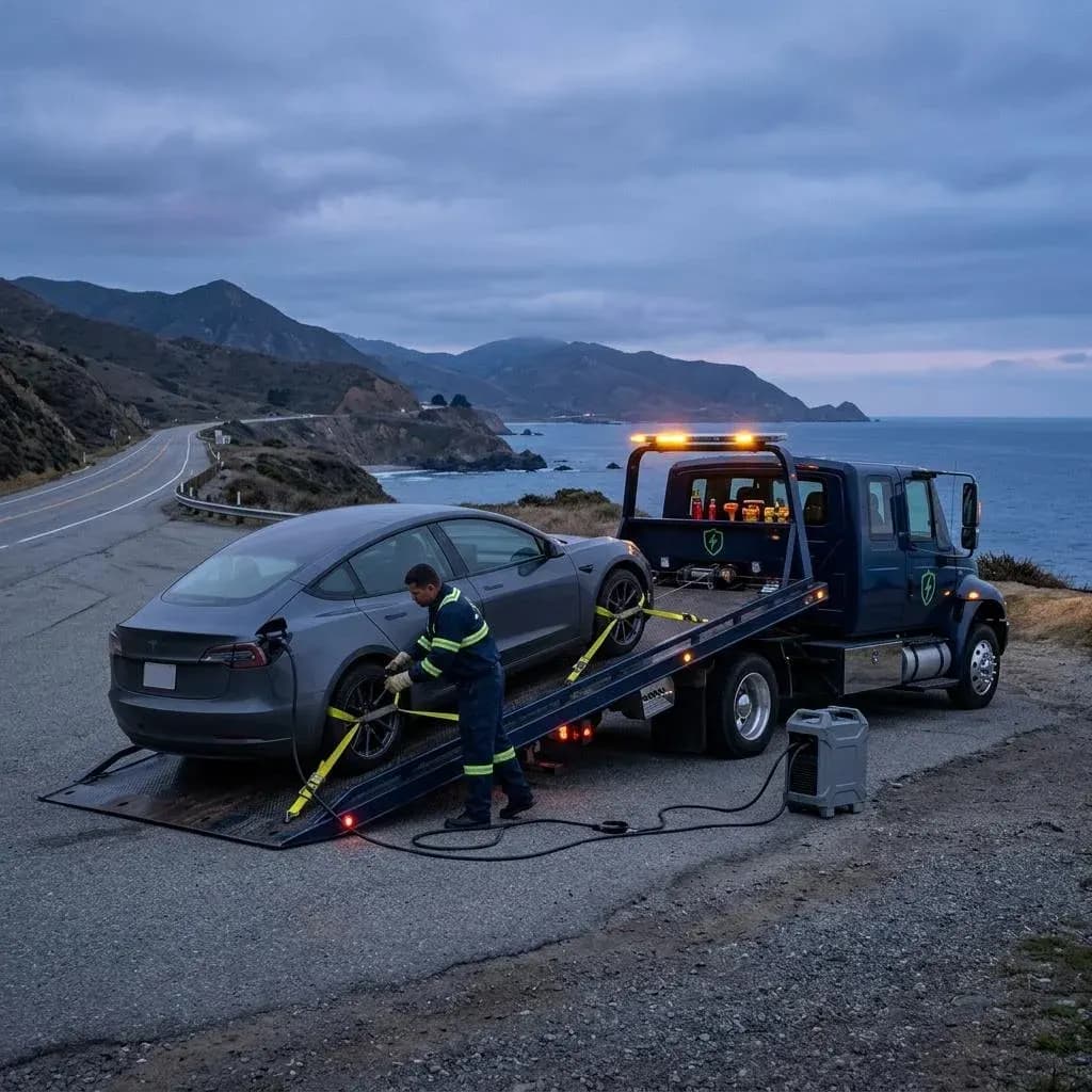 Electric car loaded on a flatbed tow truck