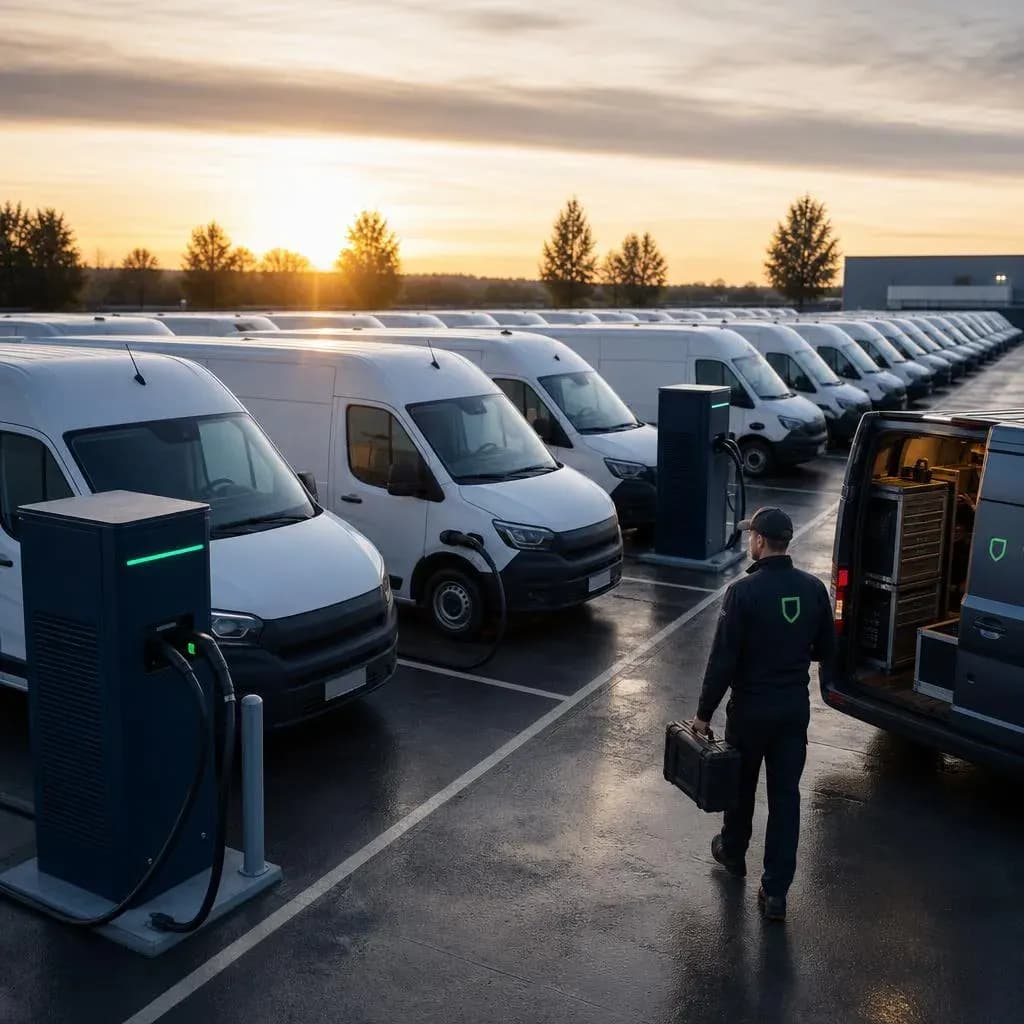 Electric delivery vans at a depot at dawn with a mobile charging unit