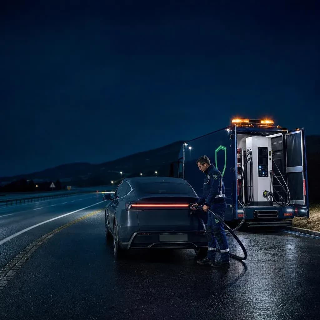 ChargePatrol service van charging an electric car on a highway shoulder at night