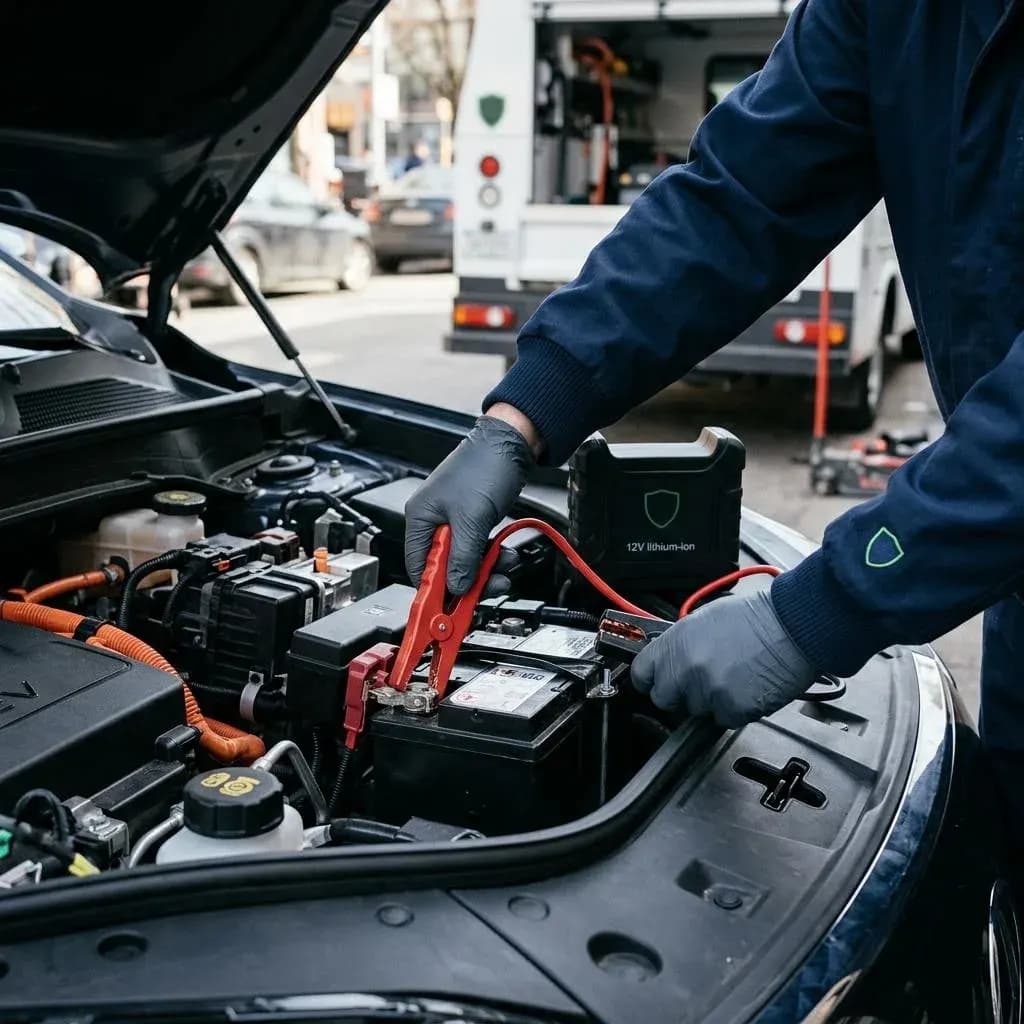 Technician jump-starting the 12V battery of an electric car